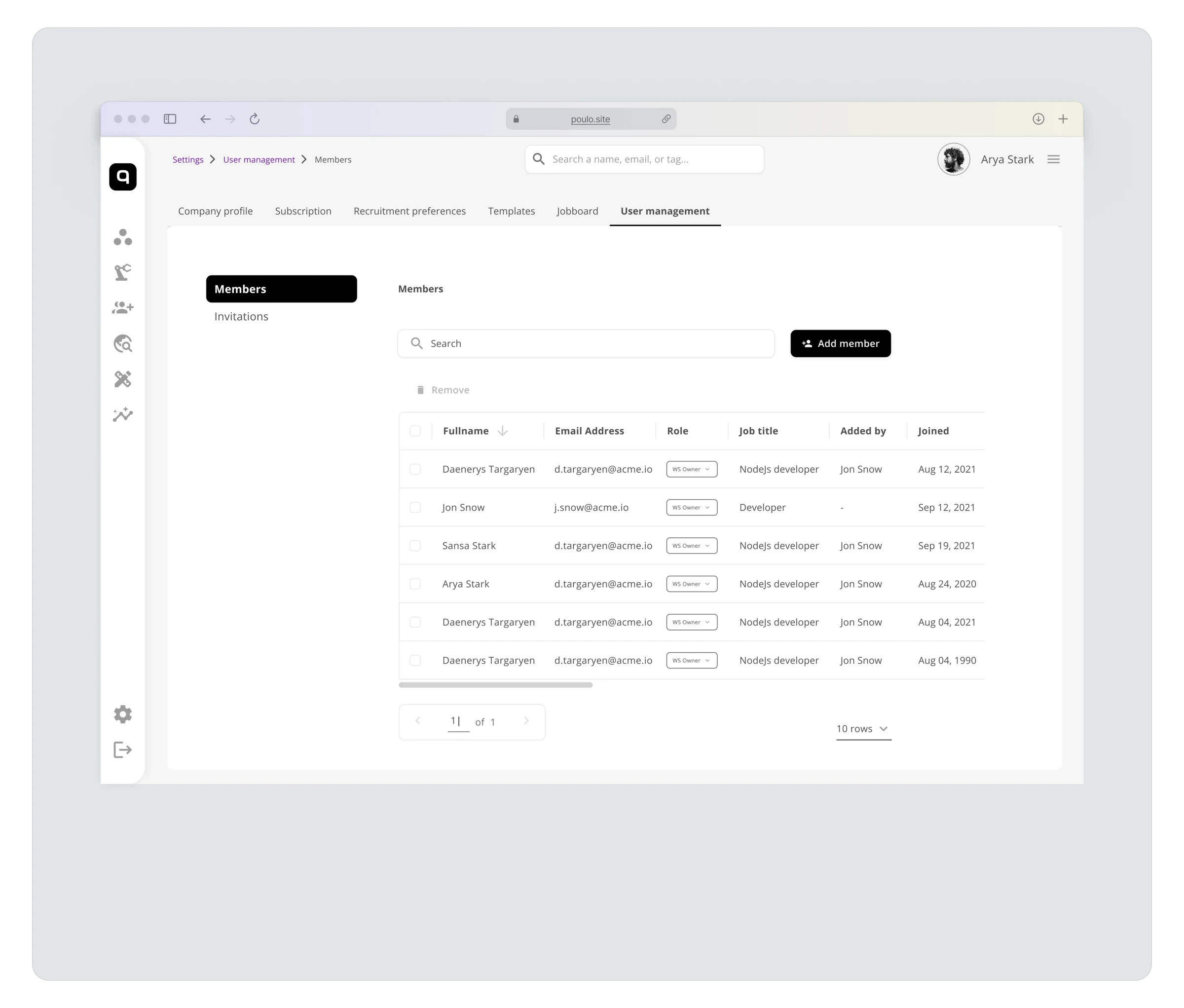 User management: the members table with roles and invitations