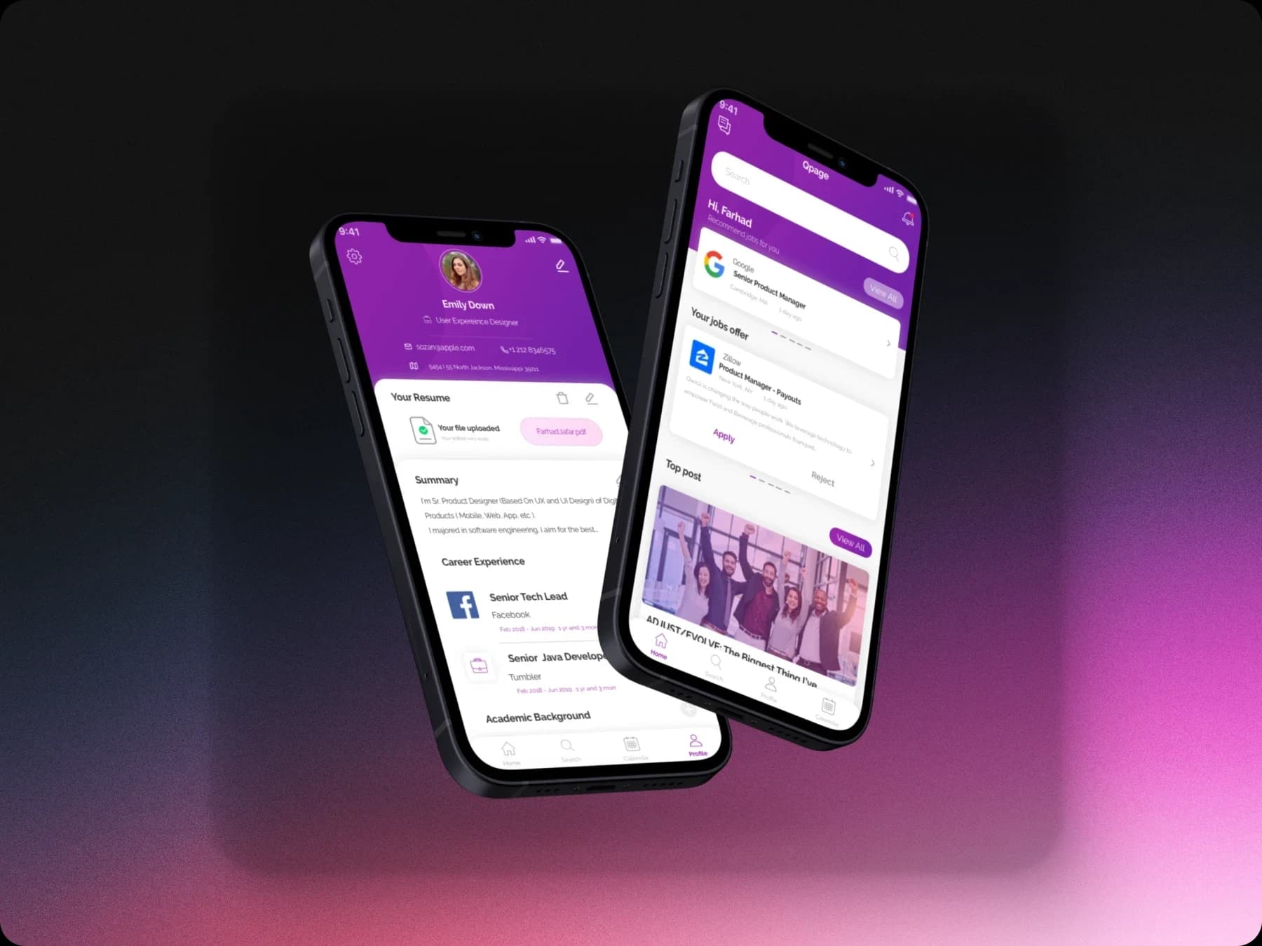 The QPage mobile app on two phones: a candidate profile and job offers